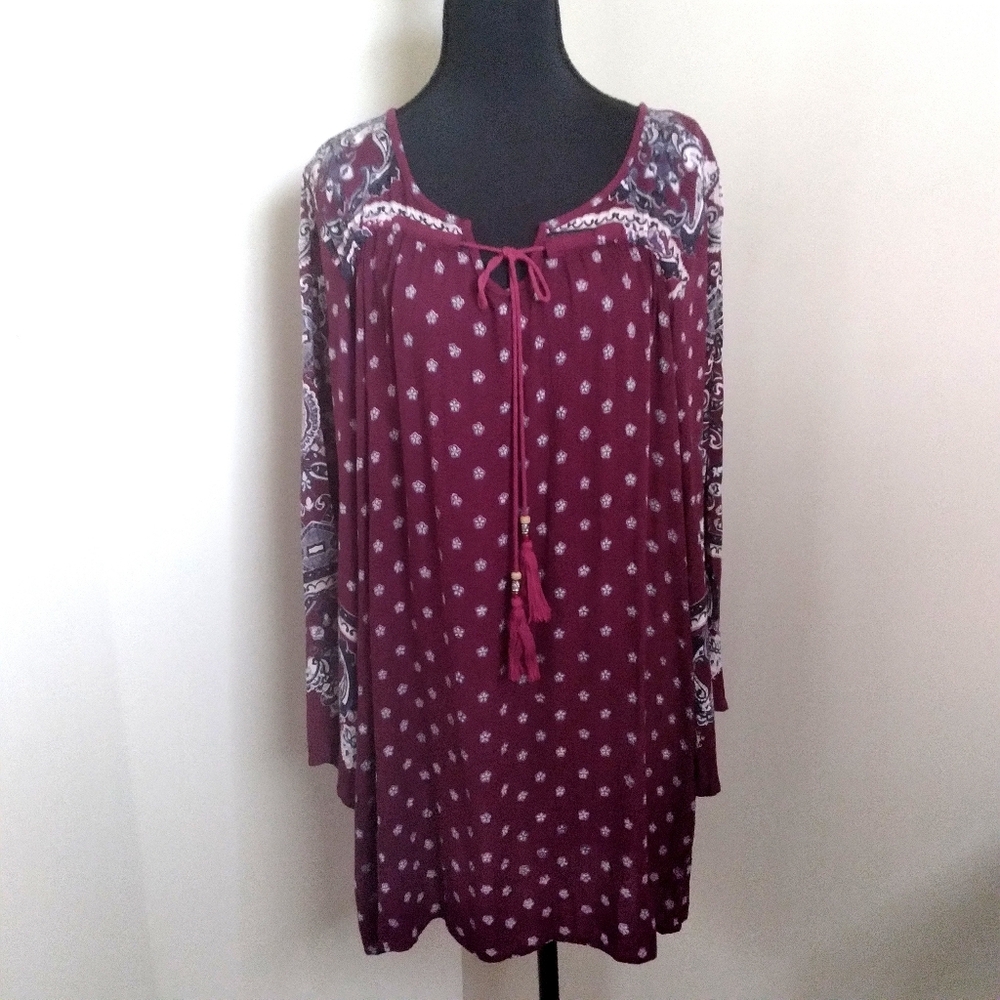 Angie‎ Paisley Boho Tunic Dress Top Burgundy Indie Sleeze Women"s Medium
